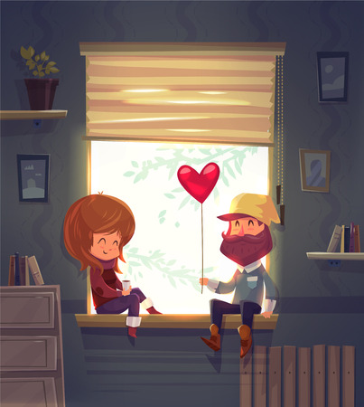 Two lovers sitting on the windowsill in an apartment. Through the window the sun is shining. Modern design stylish illustration. Retro flat background. Valentines Day Card.