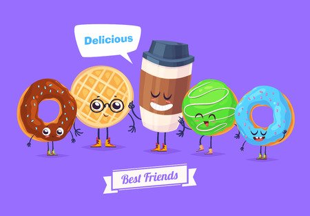 Healthy Breakfast. Funny characters set of colored donuts and cup of coffee. Funny food.のイラスト素材