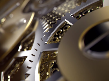 Clockwork or a machine inside. Closeup gears and cogs. Realistic Industrial 3d illustration.