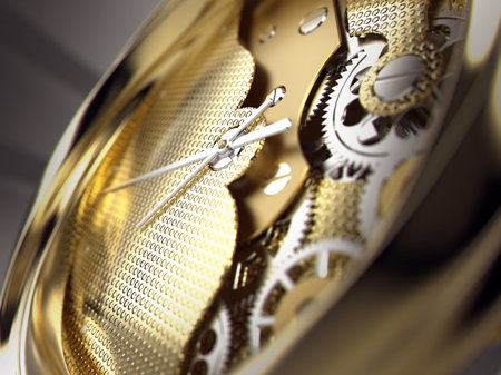 Clockwork or a machine inside. Closeup  clock hands gears and cogs. Realistic Industrial 3d...