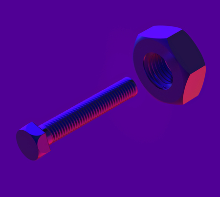 Neon Bolt with nut isolated on violet background.  Closeup set of bolt. Realistic Industrial 3d illustration.の写真素材