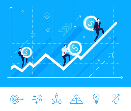 Flat design vector illustration concept of team work. Businessmen go on growing arrow with money. Vector clipart. Icons set.のイラスト素材