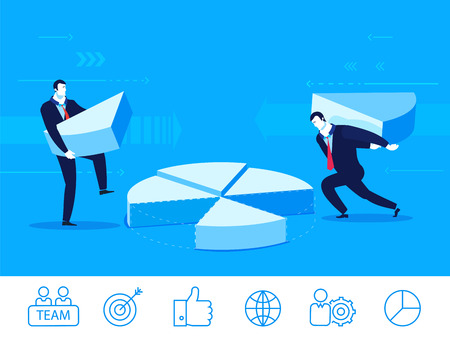 Flat design vector concept illustration. Two businessmen collect chart . Vector clipart. Icons set.のイラスト素材