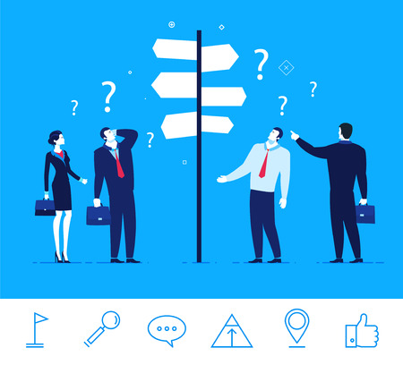 Flat design concept illustration. Businessmen and businesswomen standing at a crossroads. Decision-making. An important decision for the success of. Good profit. clipart. Icons set.のイラスト素材