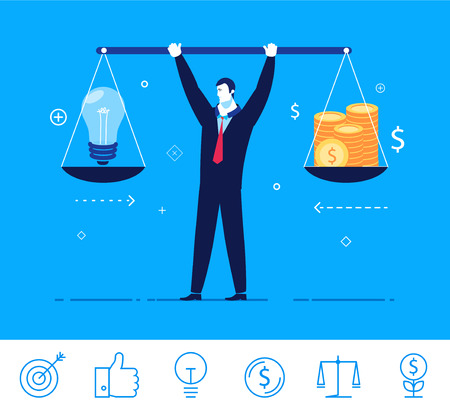 Flat design concept illustration. businessman holding weights in his hands which is the idea and money. Good profit. clipart. Icons set.のイラスト素材