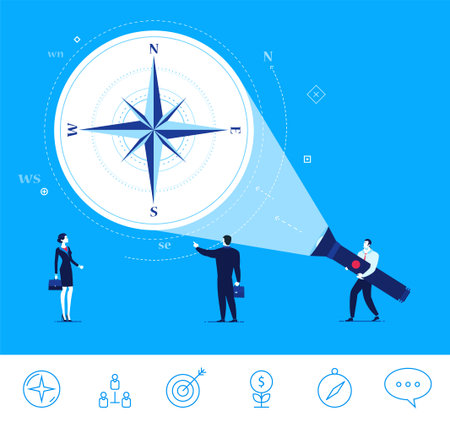 Flat design concept illustration. Teamwork. Businessman points on the compass. Choose the right path. clipart. Icons set.のイラスト素材
