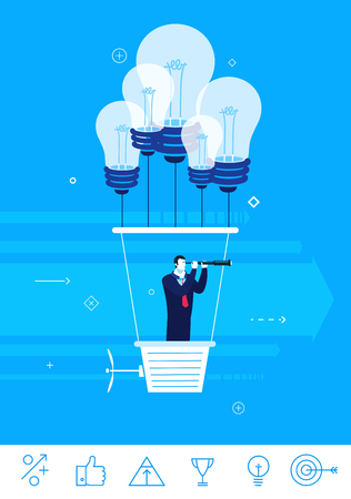 Flat design concept illustration. Businessman holding the right course. Businessman flying in a balloon with lamps of ideas. clipart. Icons set.のイラスト素材