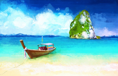 Digital painting of  vacation at sea. Boat on the sandy beach with views of the sea. Rastr stock llustrationの写真素材