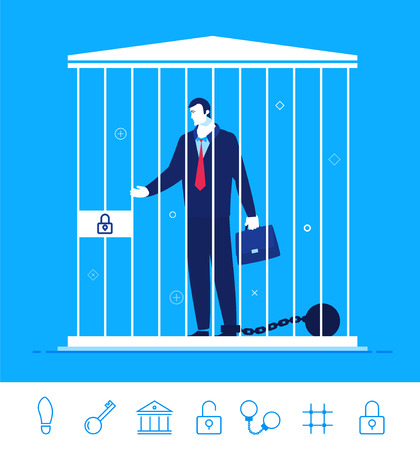Flat design concept illustration. Teamwork. Businessman in jail wearing shackles.のイラスト素材