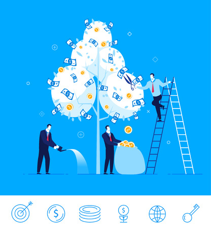 Flat design illustration concept of business situation. business team harvest money from the money tree.のイラスト素材