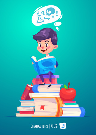 Cute Boy. Back to School isolated cartoon character with books and apple on pink background. Great illustration for a school books and more.のイラスト素材