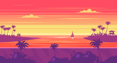 Seamless background for games apps or mobile development. Cartoon nature landscape with sea or ocean and palms. illustration for design graphics print or book . Stock illustration.のイラスト素材