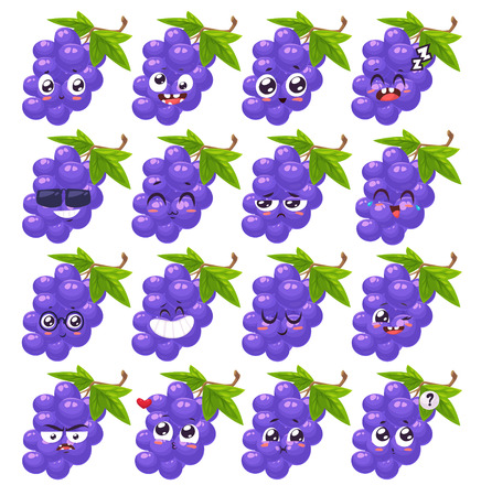 Grape set of funny smiles. Fruit and food collection. cartoon illustration. Cute stylish characters.のイラスト素材