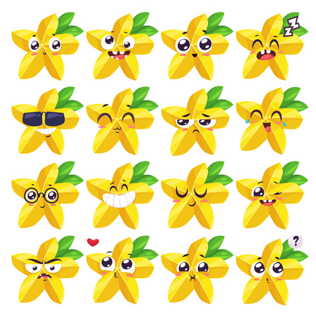 Carambola set of funny smiles. Fruit and food collection. cartoon illustration. Cute stylish characters.のイラスト素材