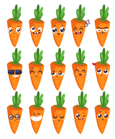 Carrots set of funny smiles. Fruit vegetables and food collection. cartoon illustration. Cute stylish characters.のイラスト素材