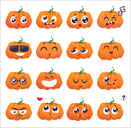 Halloween decoration Jack-o-Lantern set Pumpkins designs with different facial expressions. Cute stylish characters.のイラスト素材