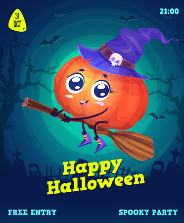 Halloween illustration pumpkin witch flying on a broomstick. set of happy halloween vintage stock illustration.のイラスト素材
