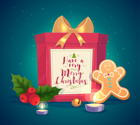 Happy New Year. Gift with calligraphy. Composition of gift candles and cookies cute illustration.のイラスト素材