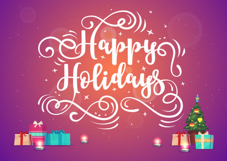 Happy New Year and Merry Christmas. With Lettering Composition xmas tree and presents. Holiday Illustration.のイラスト素材