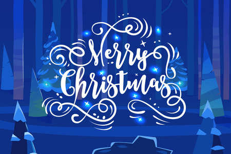 Happy New Year and Merry Christmas. Lettering Composition into night forest. Holiday Illustration.のイラスト素材