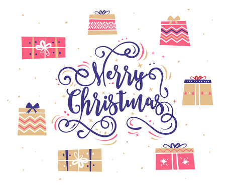 Happy New Year and Merry Christmas. Lettering Composition with gifts. Holiday Vector Illustration.のイラスト素材