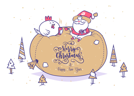 Set of Funny santa illustrations. Santa and rooster sit and drink tea on the bag with gifts Christmas greeting card background poster. Vector illustration. Merry christmas and Happy new year.のイラスト素材
