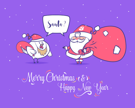 Set of Merry christmas and Happy new year illustrations. Santa Claus met rooster. Christmas greeting card background poster.のイラスト素材