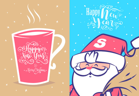 Set of Merry christmas and Happy new year illustrations. Santa Claus and a mug of hot chocolate. Christmas greeting card background poster.のイラスト素材