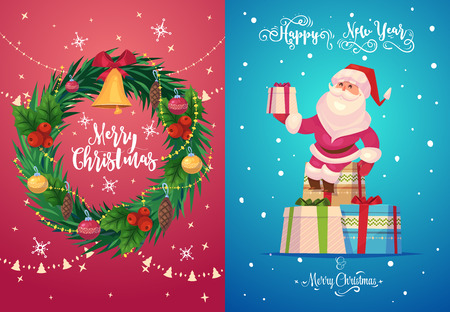 Happy cute Santa with gifts. Christmas greeting card background poster. Vector illustration. Merry christmas and Happy new year.のイラスト素材