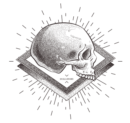Skull illustration with geometric abstract elements. Grunge print template for tshirt. Vector stock art.のイラスト素材