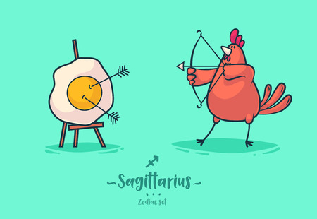 Zodiac signs Sagittarius. Rooster and omelette. Zodiac greeting card background poster. Vector illustration.のイラスト素材