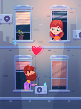 Dating lovers by opening windows. Modern design stylish illustration. Retro flat vector background. Valentines Day Card.のイラスト素材