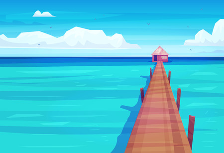 Holidays by the sea. Backgrounds of the beautiful ocean and house. Vector stock illustration . Natural landscape graphics.のイラスト素材