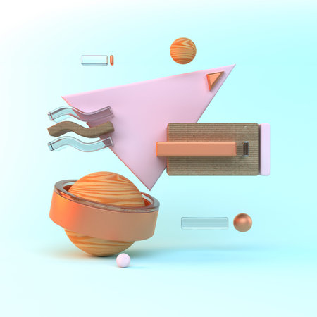 Abstract 3D of wood objects on blue background