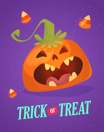Happy halloween greeting card with cute pumpkin. Trick or treat holiday cartoon.のイラスト素材