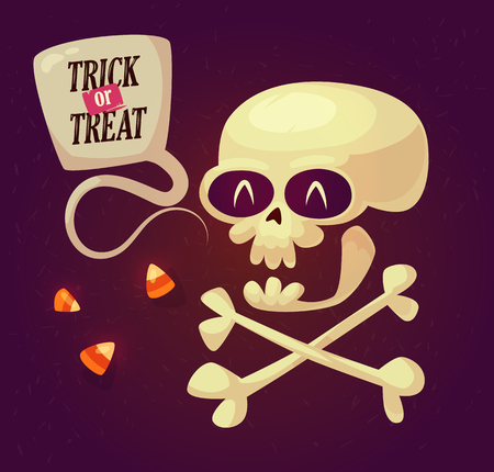 Halloween card with smiling skull and sweets. Design for print, party decoration, t-shirt, illustration, logo, emblem or sticker. Vector illustrationのイラスト素材
