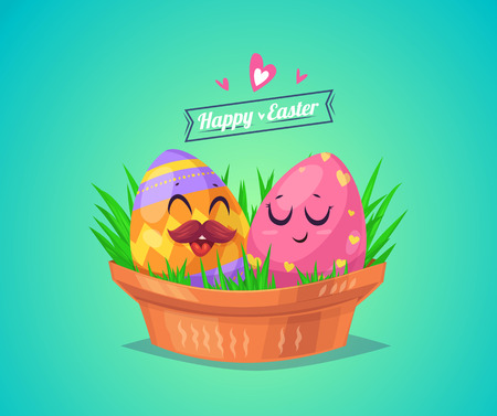 Happy Easter greeting card with couple eggs. Vector cartoon illustration. Cute stylish characters. Vector stock illustration.のイラスト素材