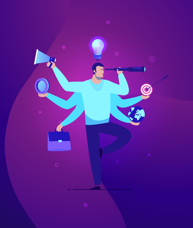 Vector business concept illustration Businessman with multitasking and multi skill - Modern colors. Creative Bussiness flat illustration. Slide templates or banner images for websites, or apps. Vector stock Illustrationのイラスト素材