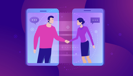 Vector business concept illustration of Online Communication. Businesspersons shaking hands through display of a phone - Modern colors. Creative Bussiness flat illustration. Slide templates or banner images for websites, or apps. Vector stock Illustrationのイラスト素材