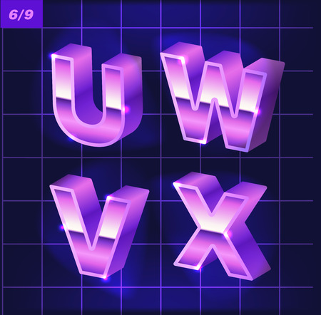 80 s retro alphabet. Metallic font effect type letters and numbers. Vector typeface for your design and printsのイラスト素材