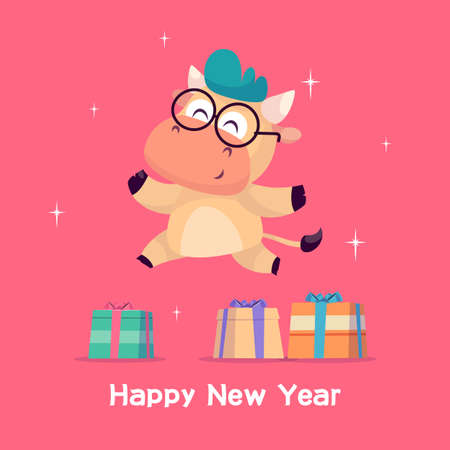 Little bull jumps near the gift box. Year of the bull. Happy new Year greeting cards design with Christmas characters.のイラスト素材