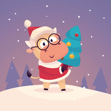 Little cute bull dressed as santa claus and celebrate the new year. Year of the bullのイラスト素材