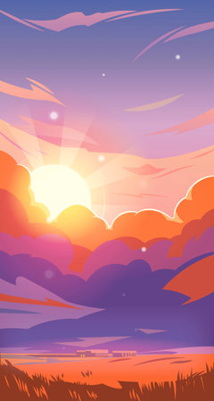 Sunset landscape with a field, clouds on a red sky, houses and a golden sun in the background.のイラスト素材