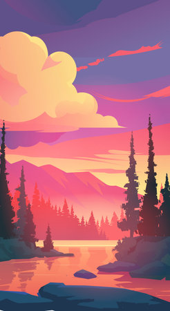 Beautiful vector background with lake and forest at sunset. Stones in the water and reflections in the river.のイラスト素材