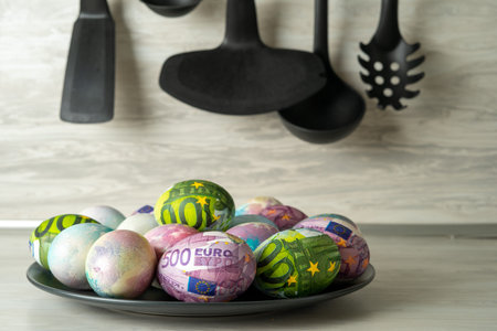 Colorful eggs for Easter decorated with euro .
