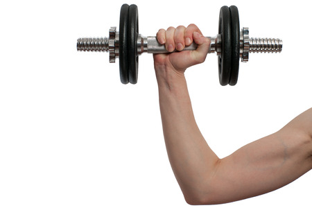 woman hand with black metal Dumbbell isolated on white background.の写真素材