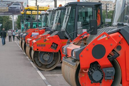 Tver, Russia - September 11, 2017: powerful road construction equipment on the construction of a highway.のeditorial素材