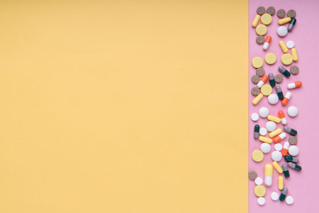 Medicine colorful pills closeup with copy space.