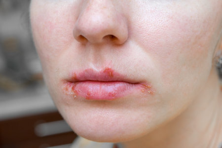 Herpes virus on the lips of young woman. Peeling and remaining blisters on skin.