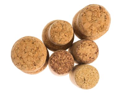 set of wooden champagne corks, wine isolated on white background.の写真素材